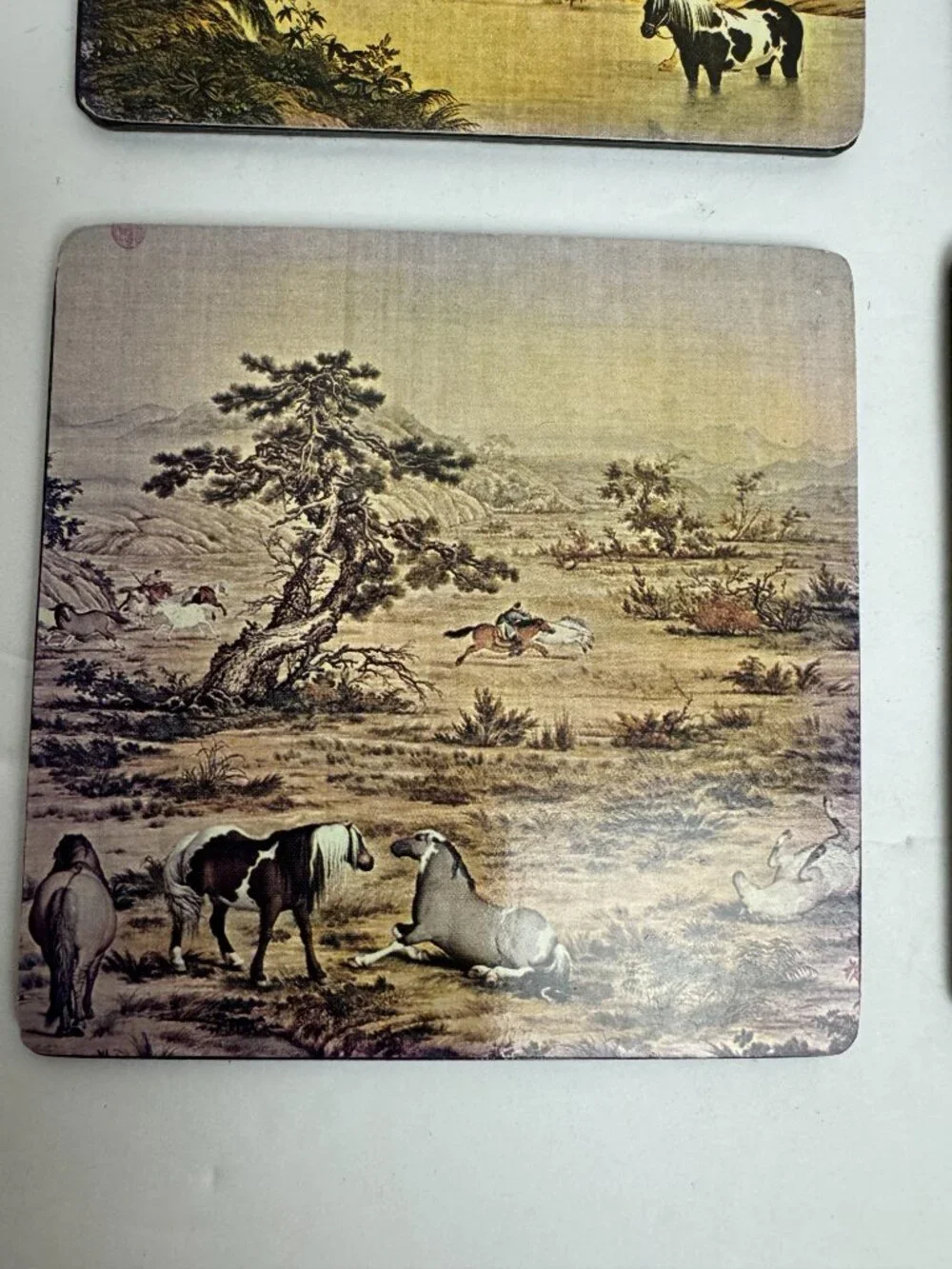 Vintage Set of 6 Decorative Coasters Asian - Inspired Pastoral Landscape Horses